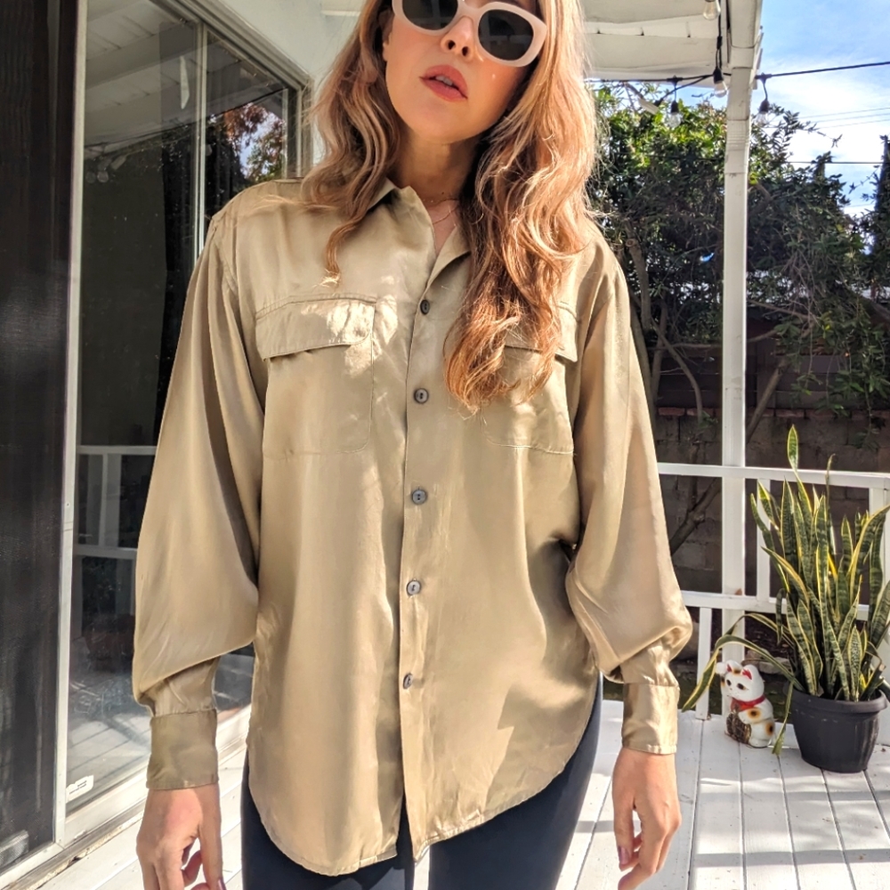 Banana Republic Silk Button-Down Shirt in Light Tan